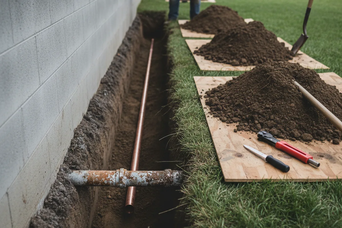 Excavated water line trench during Sewer Line Repair in West Hartford